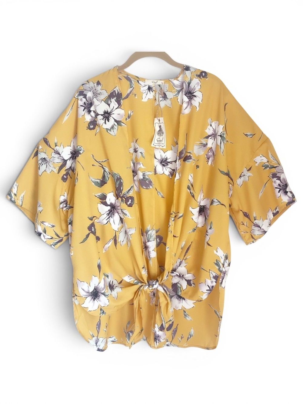 NEW Easel Floral Kimono Topper Gold Yellow Abstract Floral Print Women Sizes NWT - Picture 13 of 14